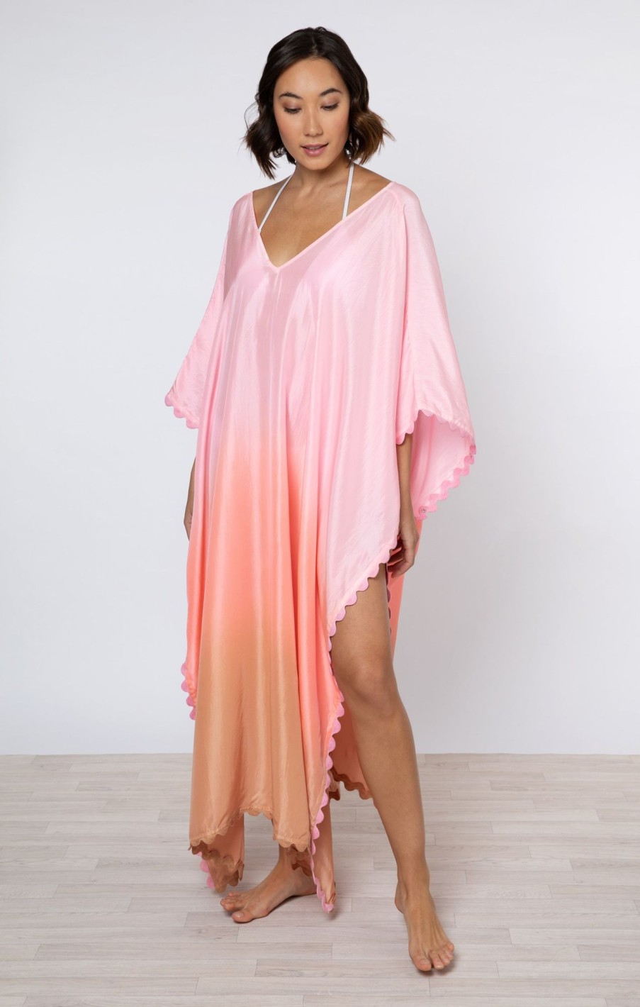 Cover Ups Juliet Dunn | Silk Ombre Maxi Poncho In Candy, Coral & Nutmeg Candy Coral Nutmeg