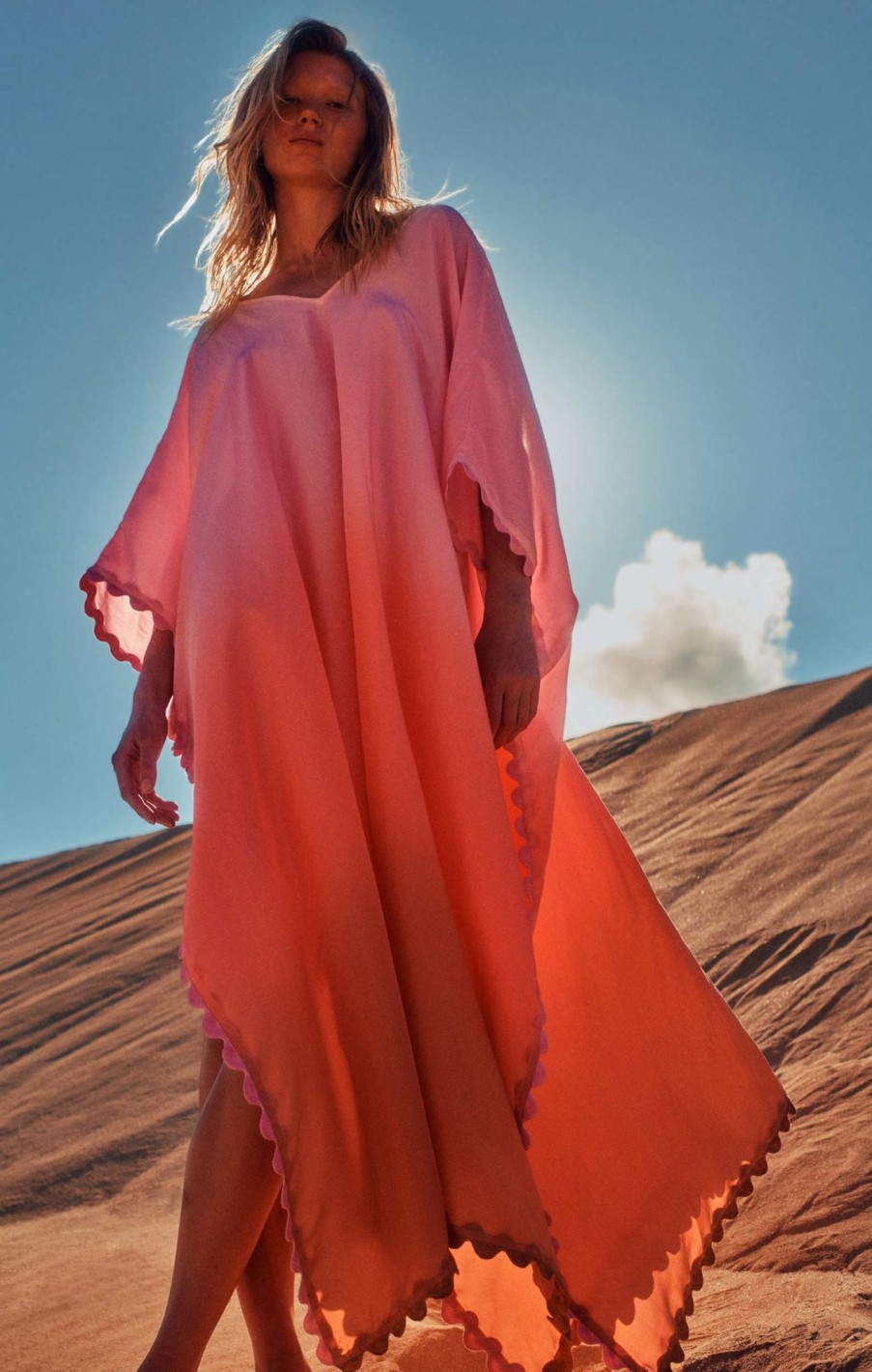 Cover Ups Juliet Dunn | Silk Ombre Maxi Poncho In Candy, Coral & Nutmeg Candy Coral Nutmeg