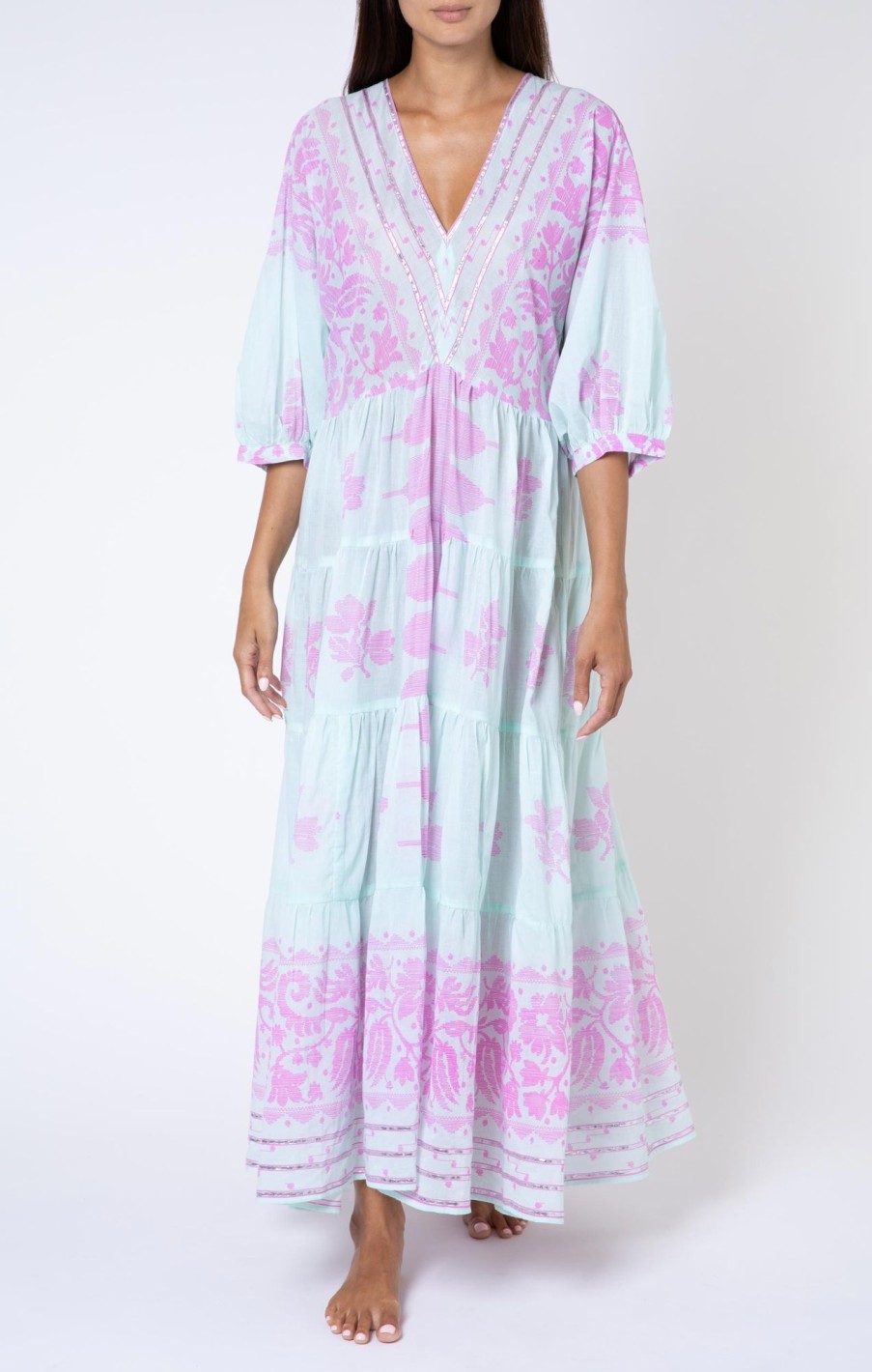 Dresses Juliet Dunn | Dhaka Print V Neck Loose Maxi Dress In Aqua And Violet Aqua Violet