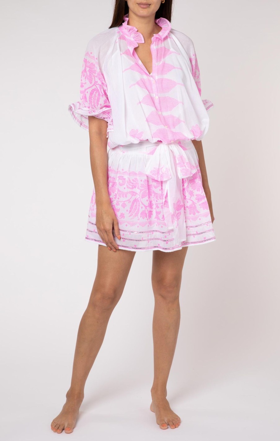 Dresses Juliet Dunn | Blouson Dress In Pink Dhaka Print White Pink