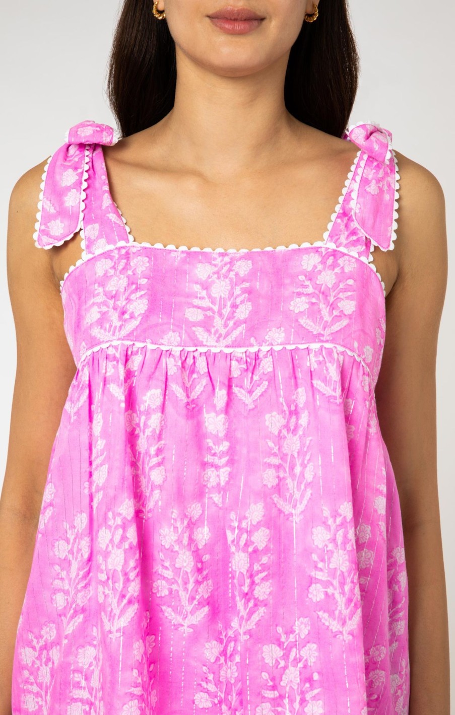 Tops & Shirts Juliet Dunn | Tie Shoulder Baby Doll Top In Small Flower Block Print Orchid