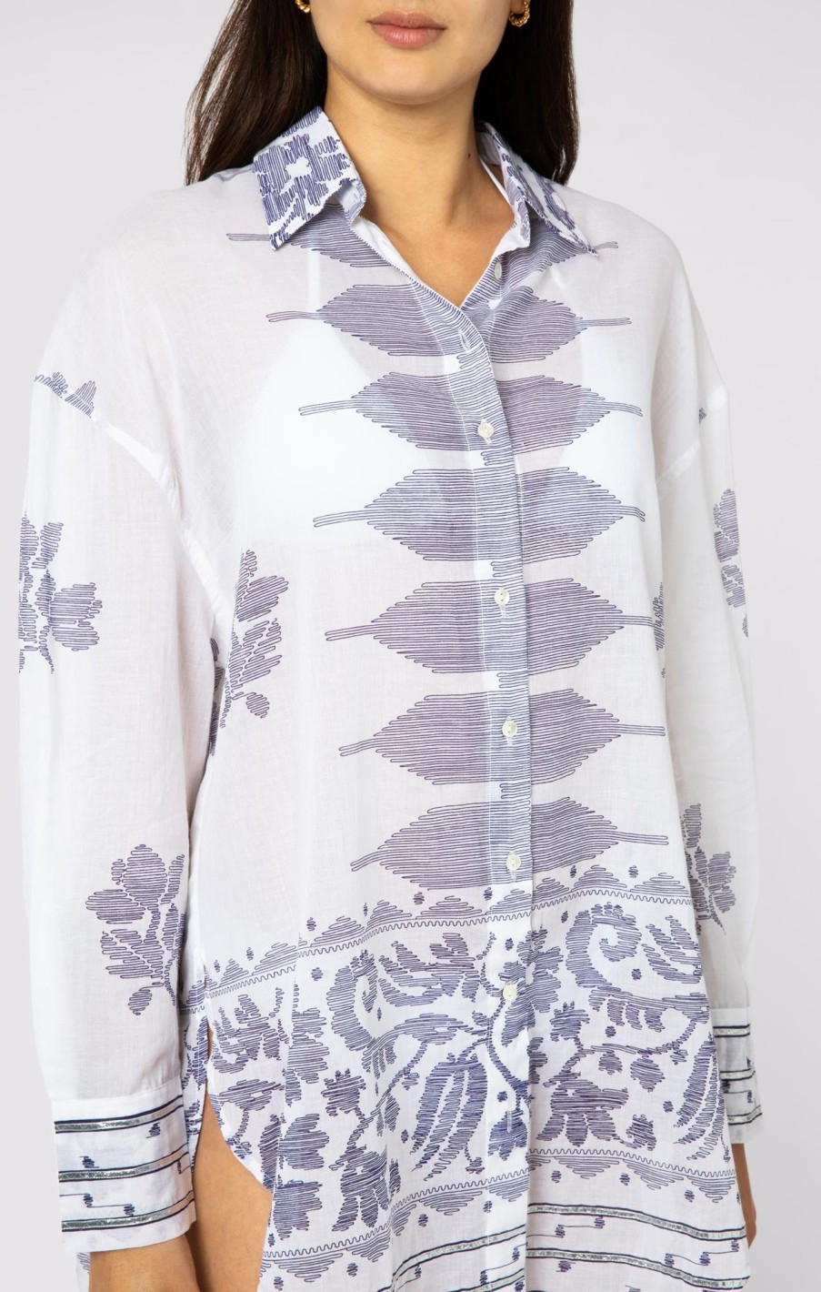 Cover Ups Juliet Dunn | Shirt With Indigo Dhaka Print White Indigo