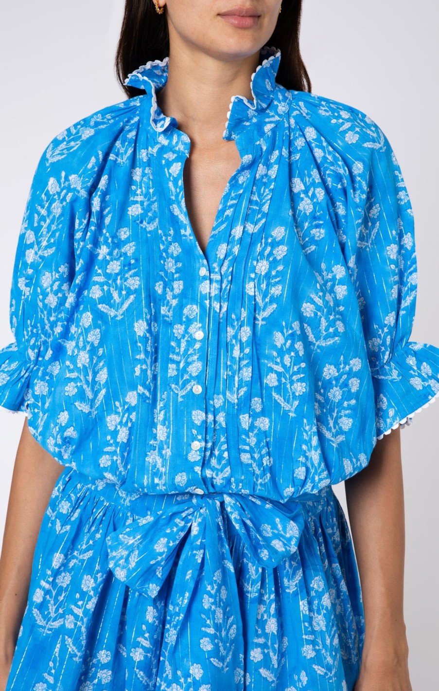 Dresses Juliet Dunn | Small Flower Block Print Blouson Dress In Sapphire