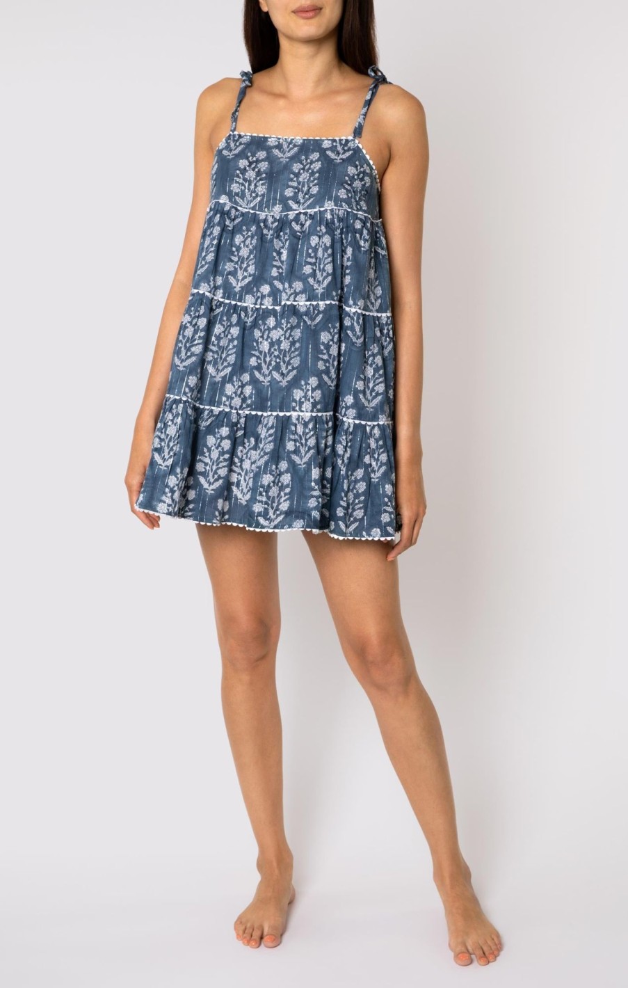 Dresses Juliet Dunn | Blue Small Flower Block Print Trapeze Dress Midnight