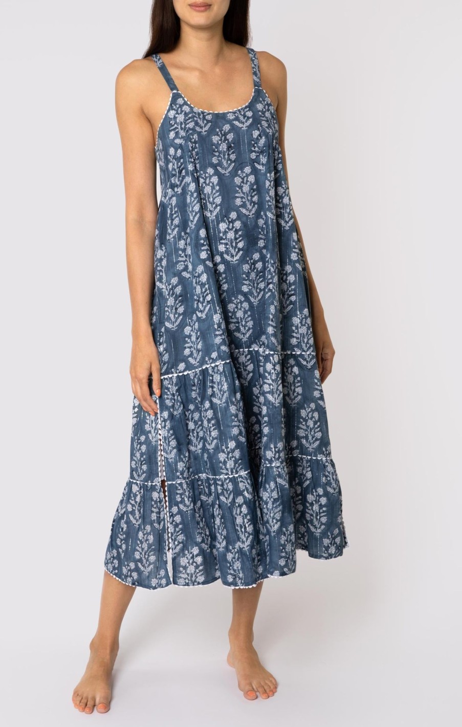 Dresses Juliet Dunn | Long Swing Dress In Small Flower Block Print Midnight