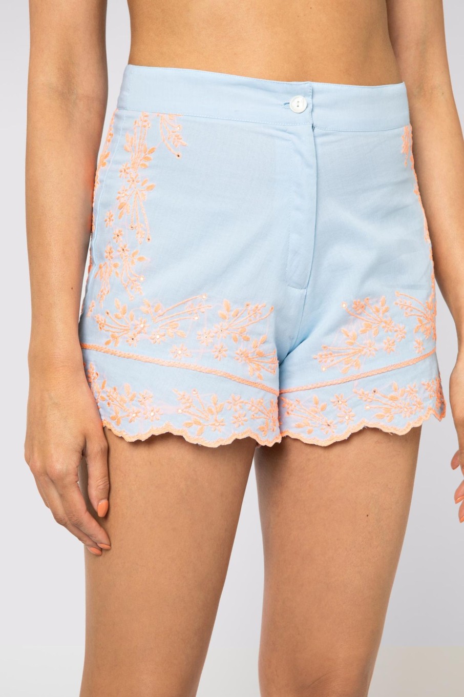 Skirts Shorts & Jumpsuits Juliet Dunn | Pale Blue Shorts With Contrast Embroidery Pale Blue Neon Peach