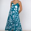 Dresses Juliet Dunn | Majorelle Print V Neck Midi Dress In Petrol With Ric Rac Trim Petrol White