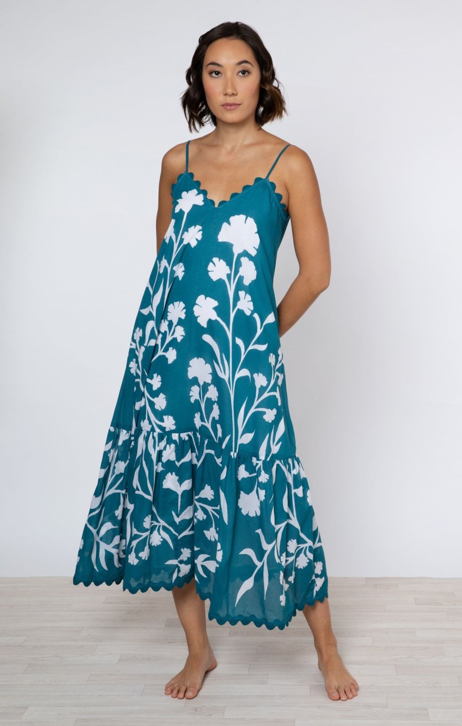 Dresses Juliet Dunn | Majorelle Print V Neck Midi Dress In Petrol With Ric Rac Trim Petrol White