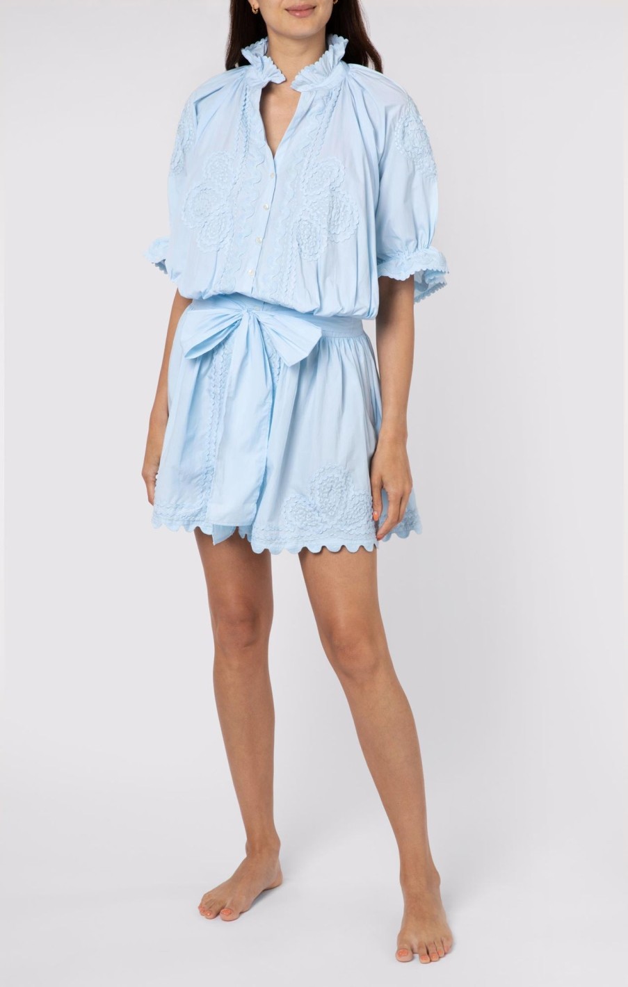 Dresses Juliet Dunn | Poplin Blouson With Ric Rac Detail In Pale Blue