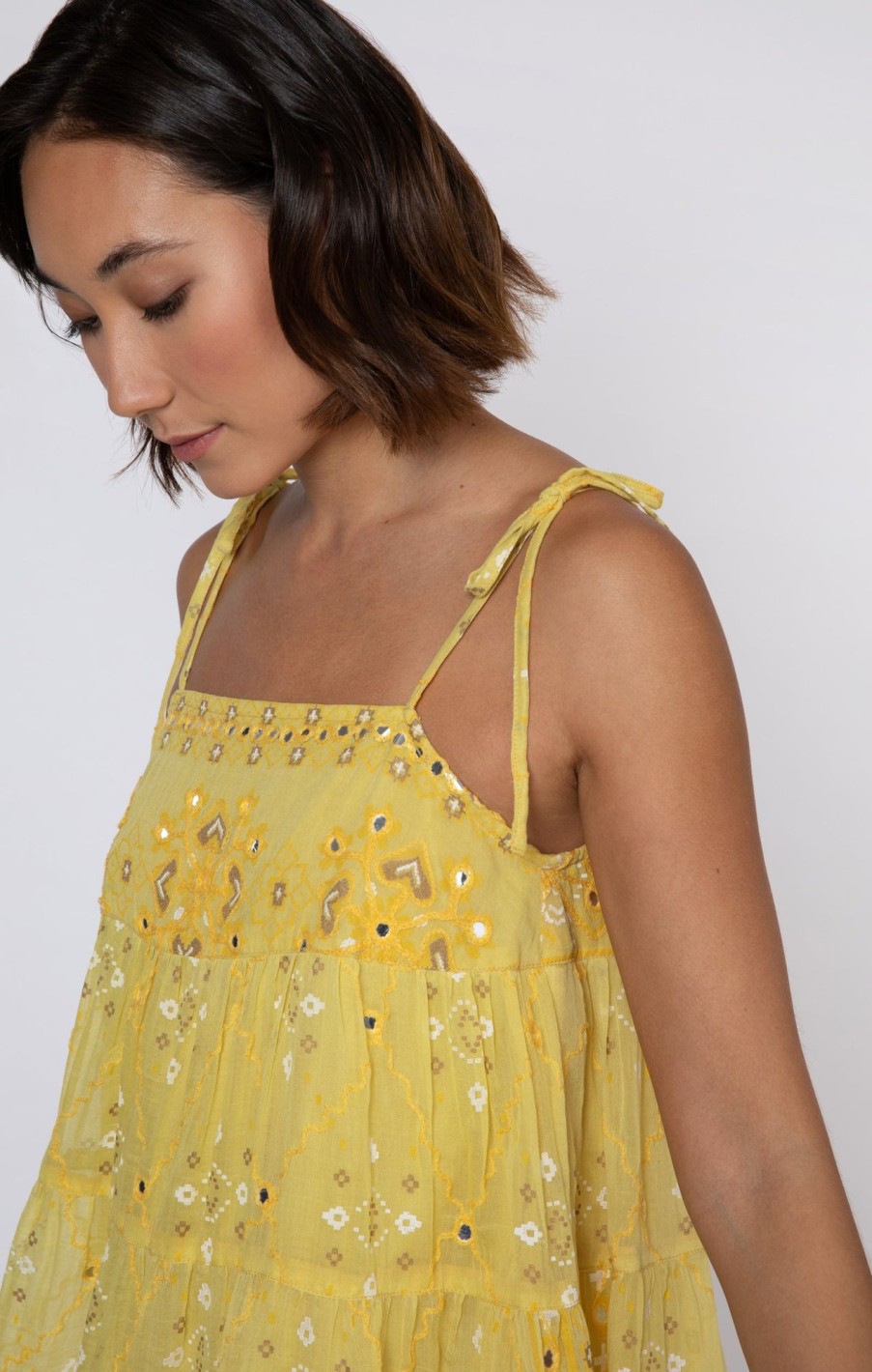 Dresses Juliet Dunn | Mosaic Print Trapeze Mini Dress In Ochre