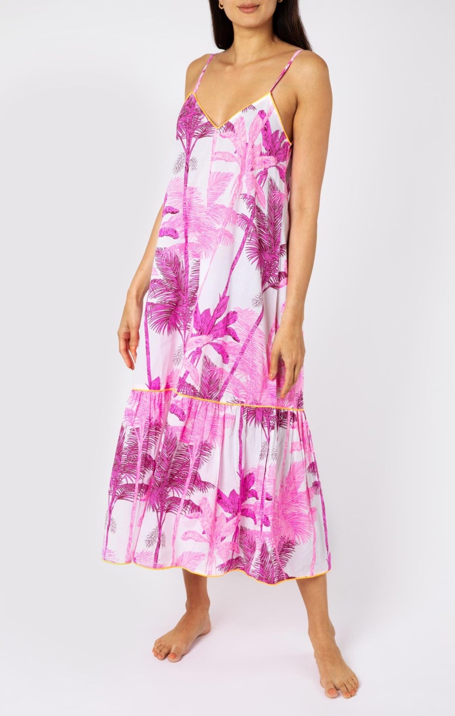 Dresses Juliet Dunn | Palm Print V Neck Midi Dress In Pink Pink Neon Orange