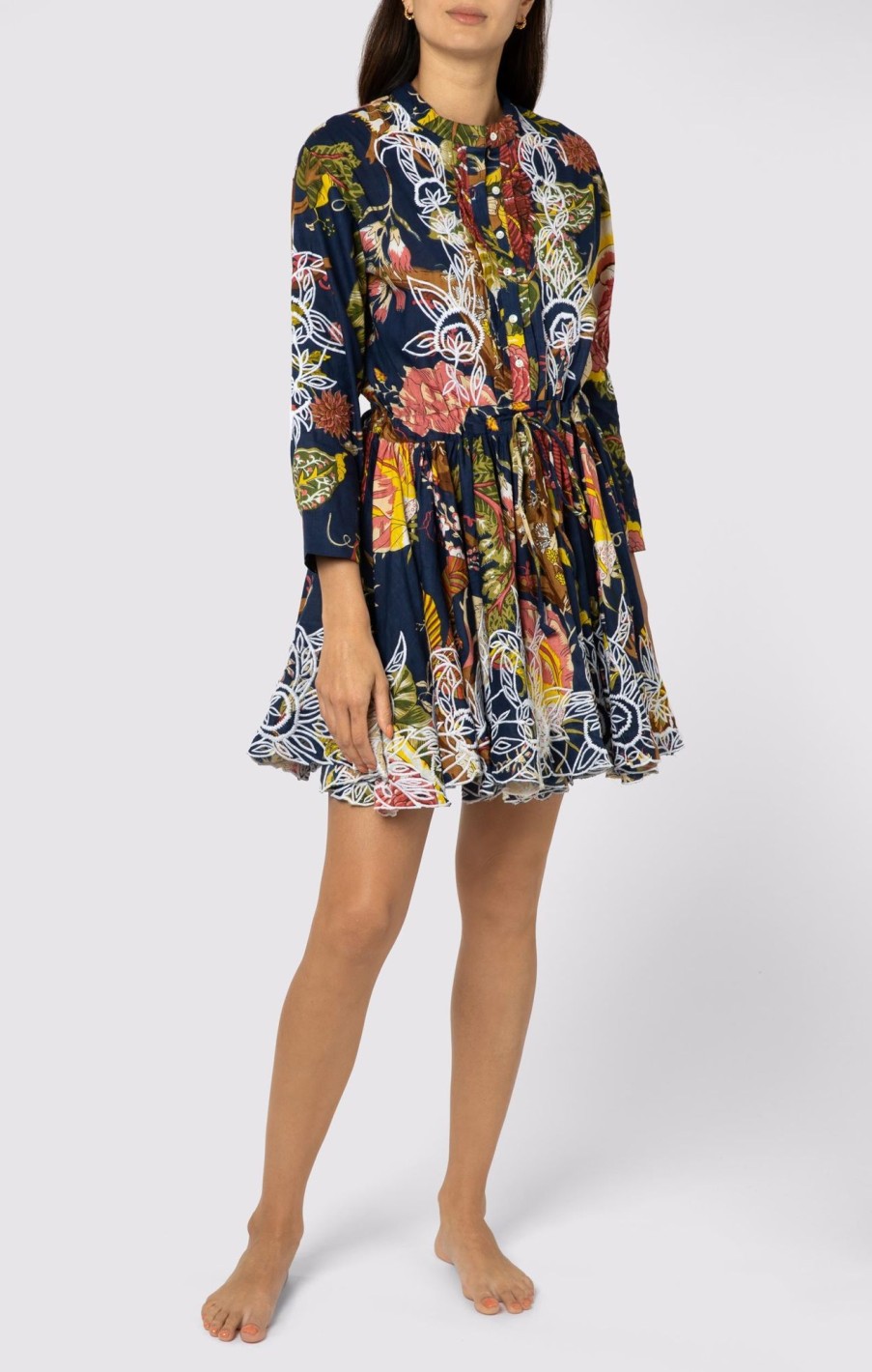 Dresses Juliet Dunn | Midnight Botanical Print Long Sleeve Beach Dress With Cut Out Embroidery Midnight White