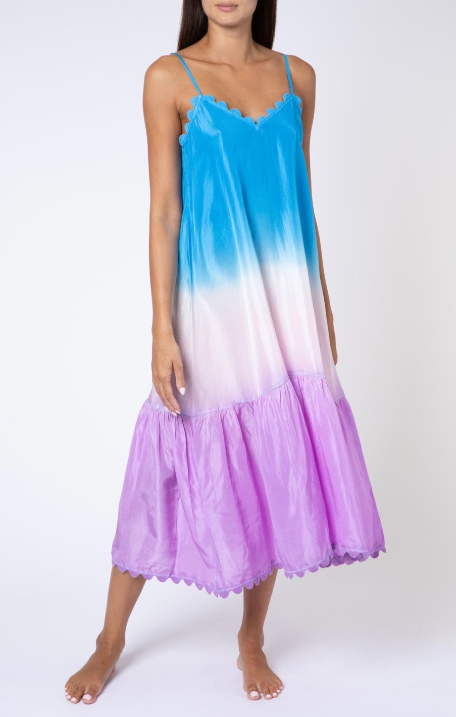 Dresses Juliet Dunn | Blue And Lilac Silk Ombre V Neck Midi Dress Blue Pale Pink Lilac