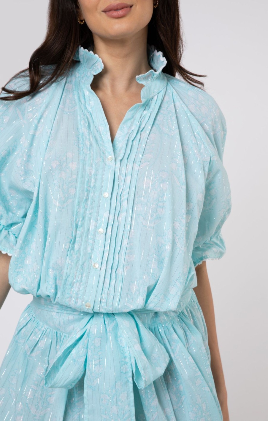 Dresses Juliet Dunn | Small Flower Block Print Blouson Dress Turquoise