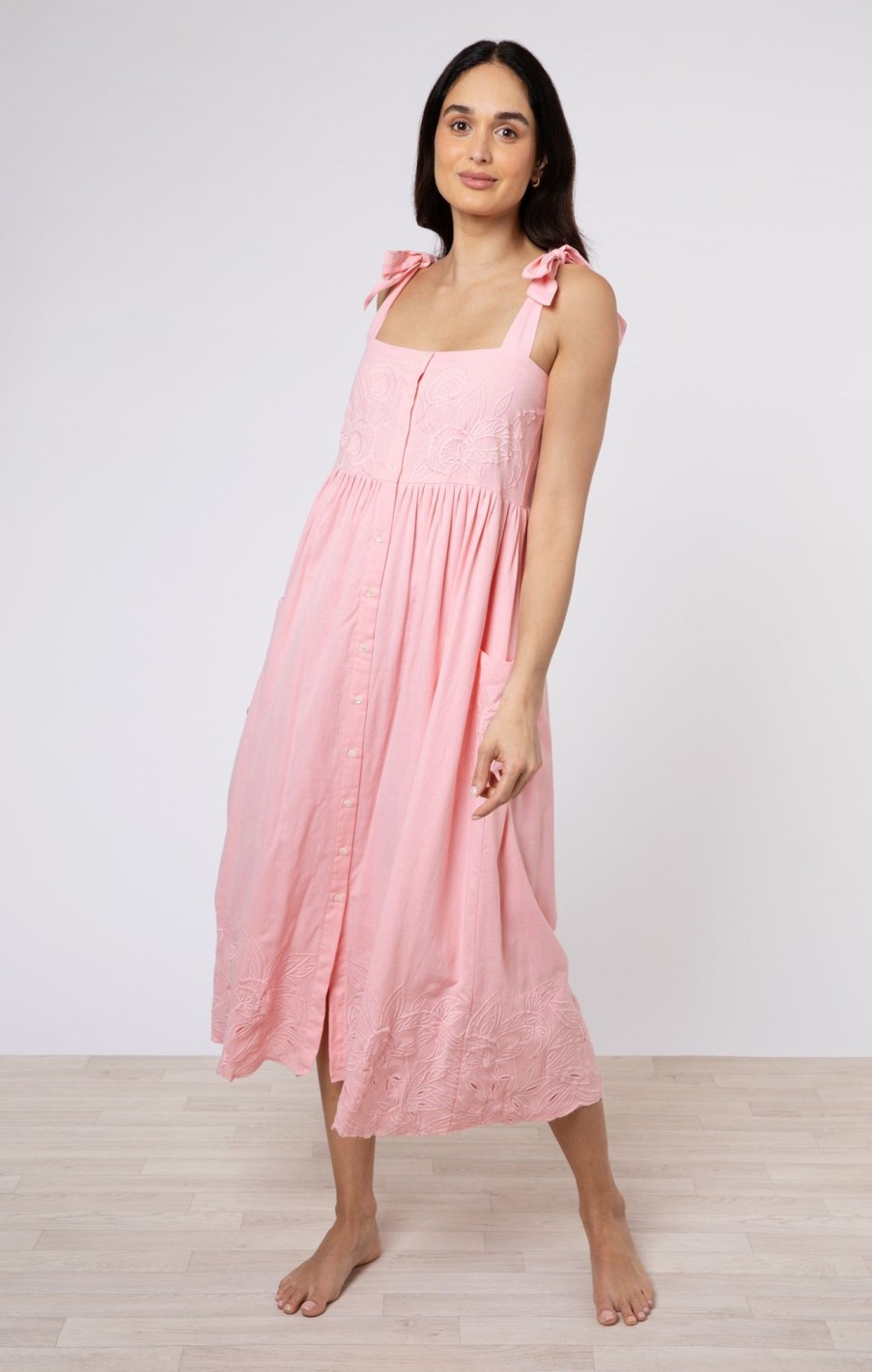 Dresses Juliet Dunn | Tie Shoulder Dress With Cut Out Embroidery In Flamingo Pink