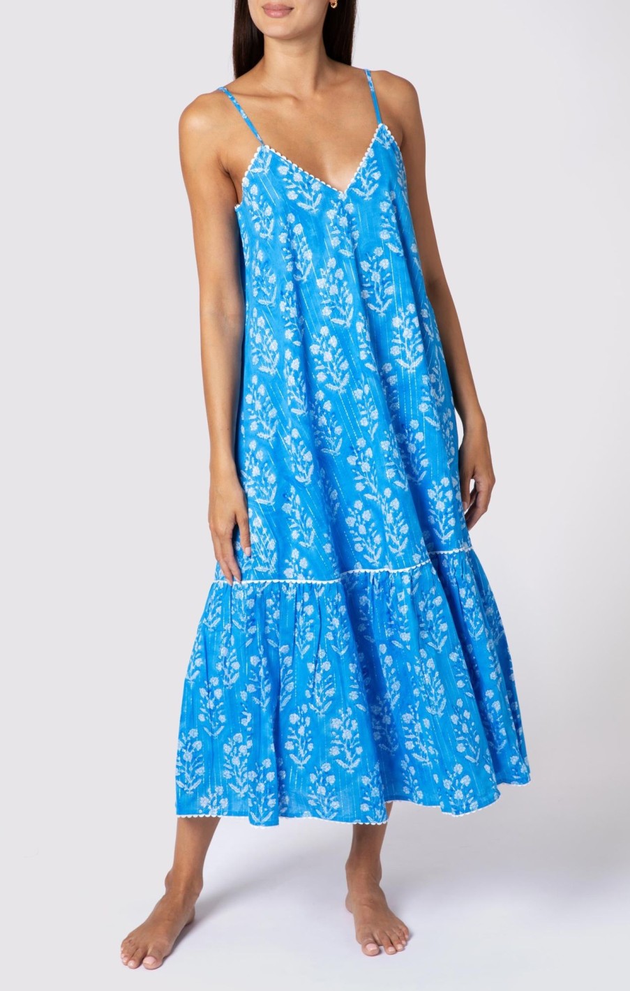 Dresses Juliet Dunn | V Neck Midi Dress In Small Flower Block Print Sapphire