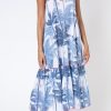 Dresses Juliet Dunn | Palm Print V Neck Midi Dress In Blue Blue Fuschia Pink