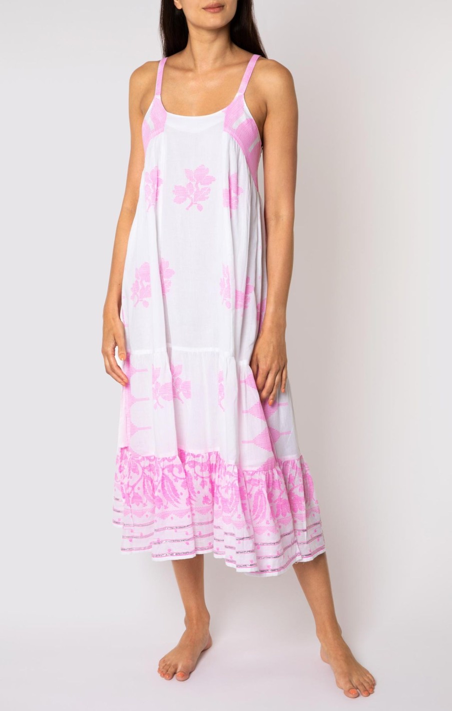 Dresses Juliet Dunn | Long Swing Dress In Neon Pink Dhaka Print White Neon Pink