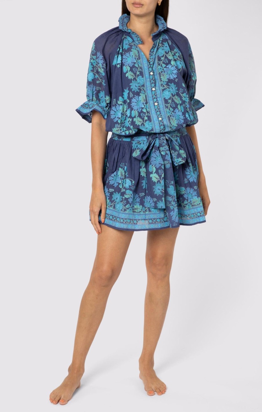 Dresses Juliet Dunn | Rose Border Print Blouson Dress Indigo