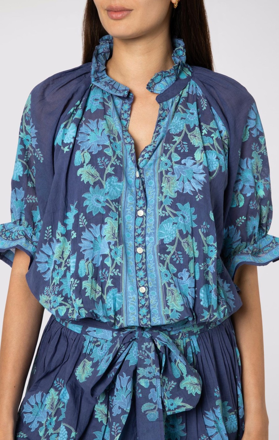 Dresses Juliet Dunn | Rose Border Print Blouson Dress Indigo