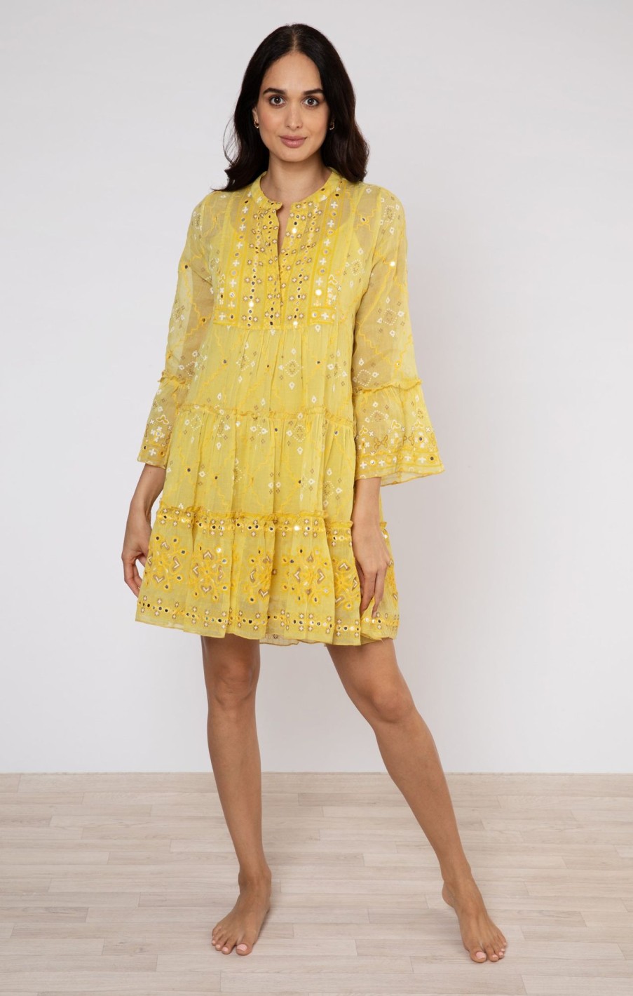 Dresses Juliet Dunn | Mosaic Print Flared Sleeve Dress In Ochre