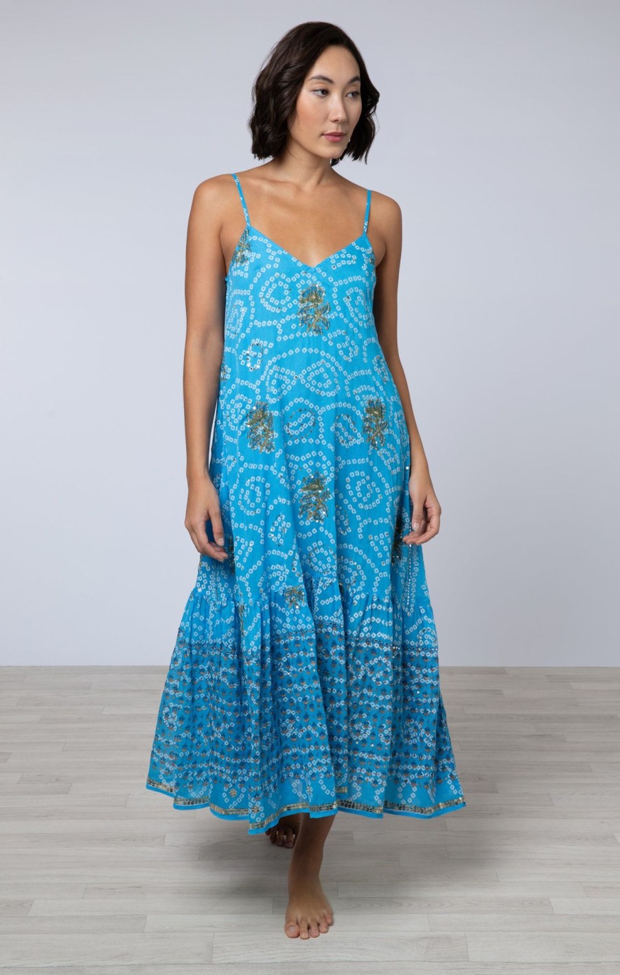 Dresses Juliet Dunn | Silk V Neck Midi Dress With Sequin Embroidery In Blue Cornflower