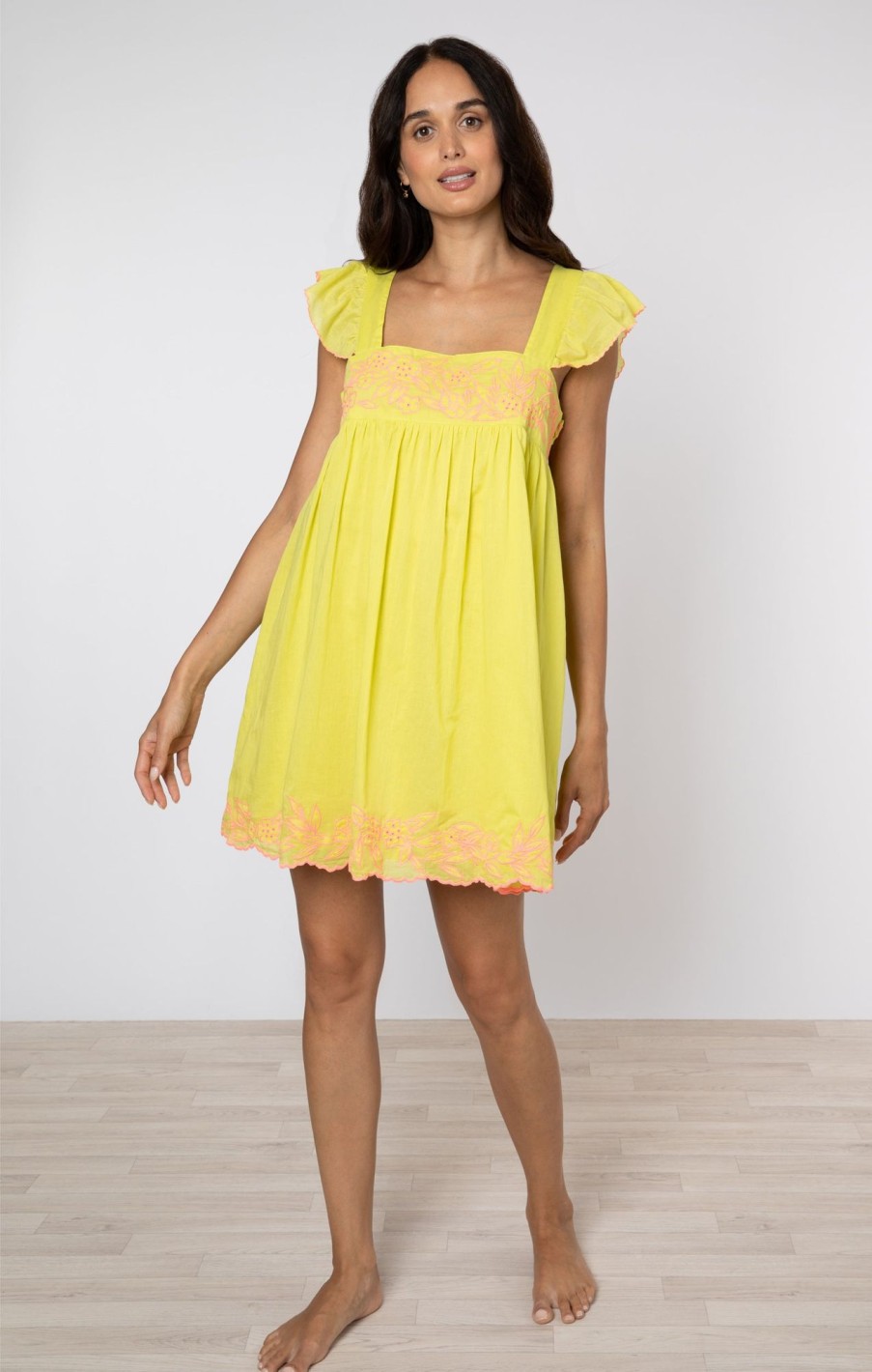 Dresses Juliet Dunn | Chartreuse Baby Doll Dress With Neon Pink Embroidery Chartreuse Neon Pink