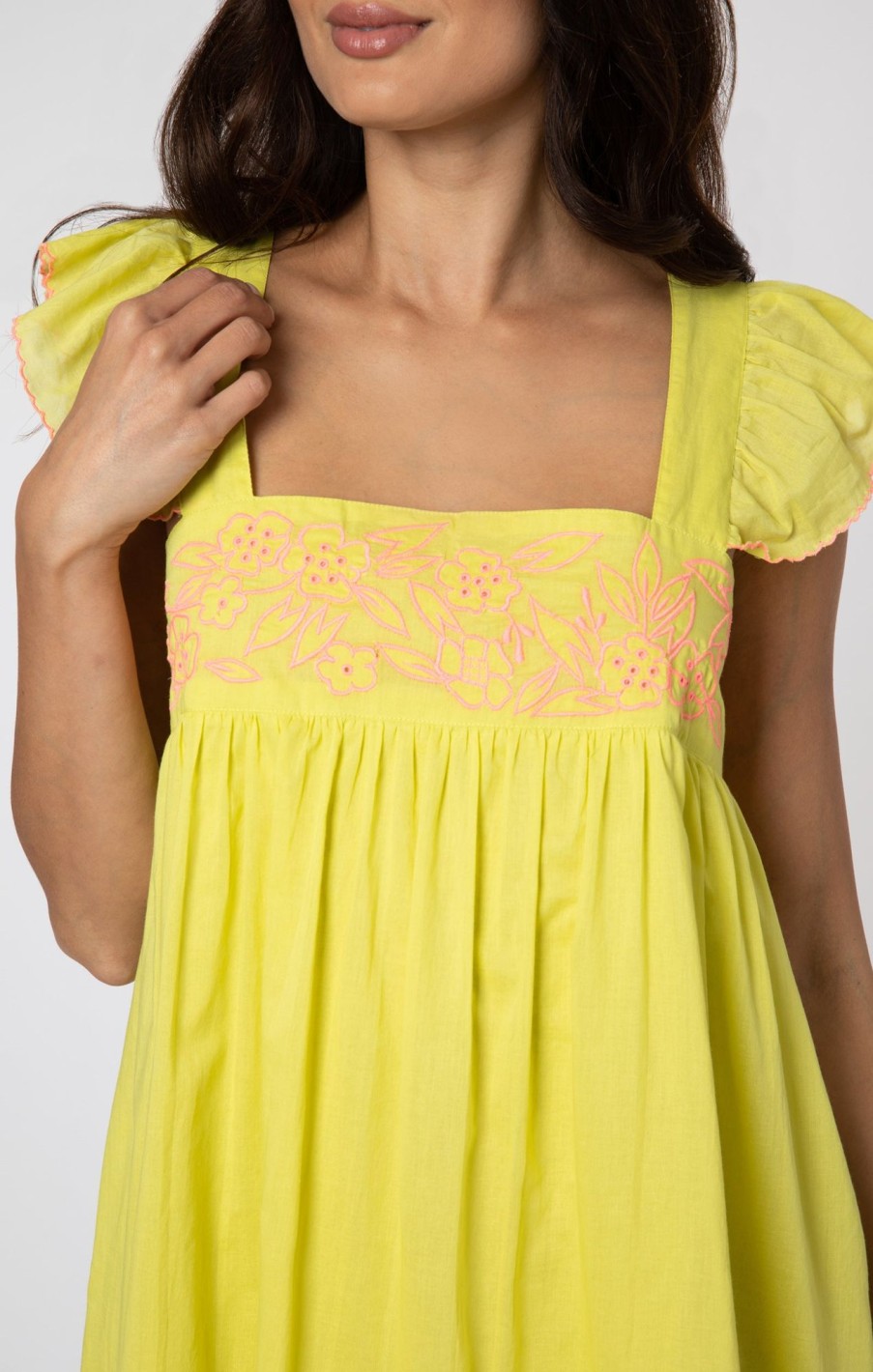 Dresses Juliet Dunn | Chartreuse Baby Doll Dress With Neon Pink Embroidery Chartreuse Neon Pink