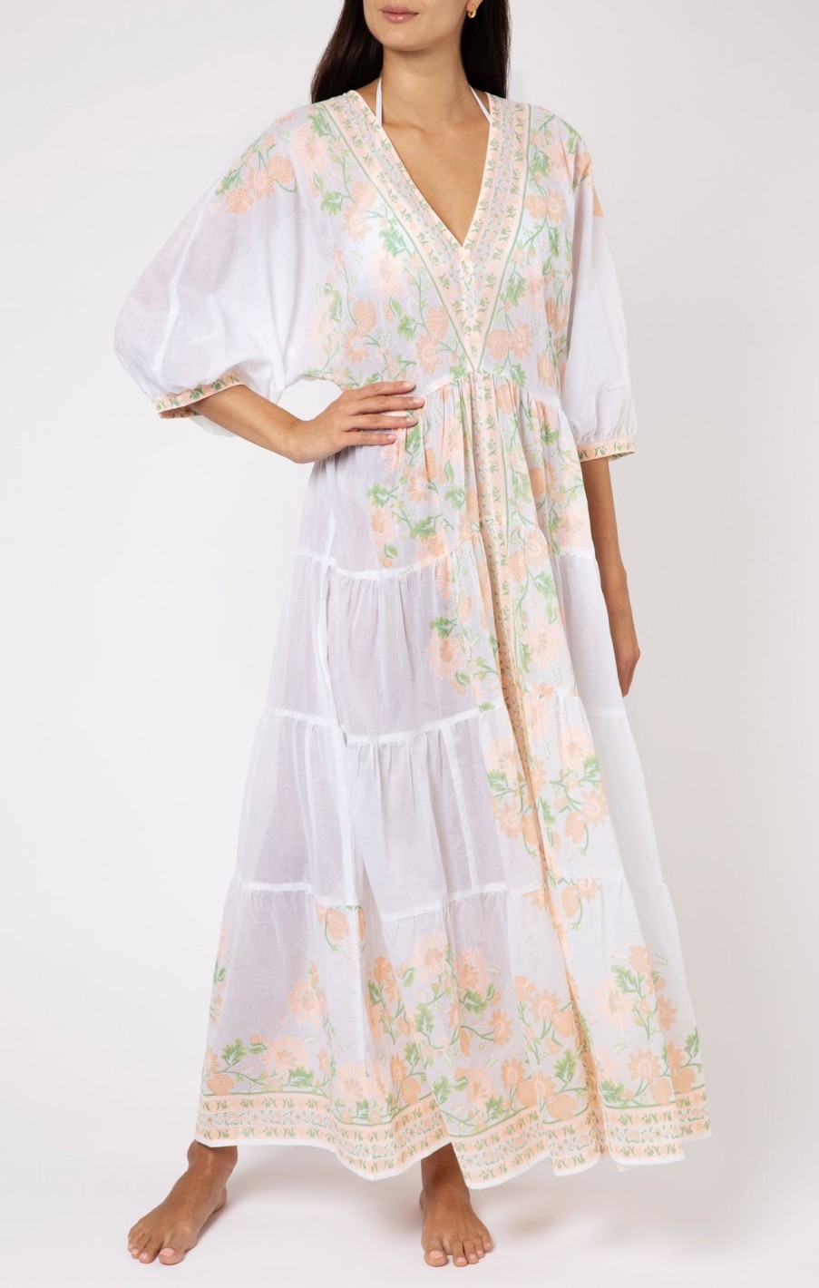 Dresses Juliet Dunn | Peach Rose Border V Neck Maxi Dress White Peach Green