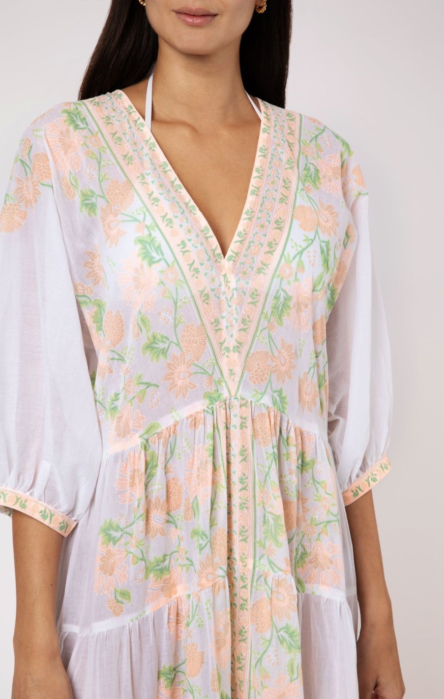 Dresses Juliet Dunn | Peach Rose Border V Neck Maxi Dress White Peach Green