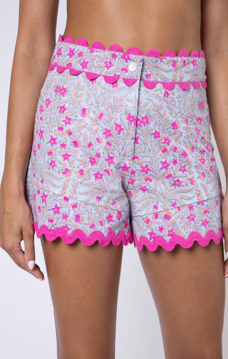 Skirts Shorts & Jumpsuits Juliet Dunn | Ditsy Floral Print High Waisted Shorts With Ric Rac Pale Blue Fuchsia