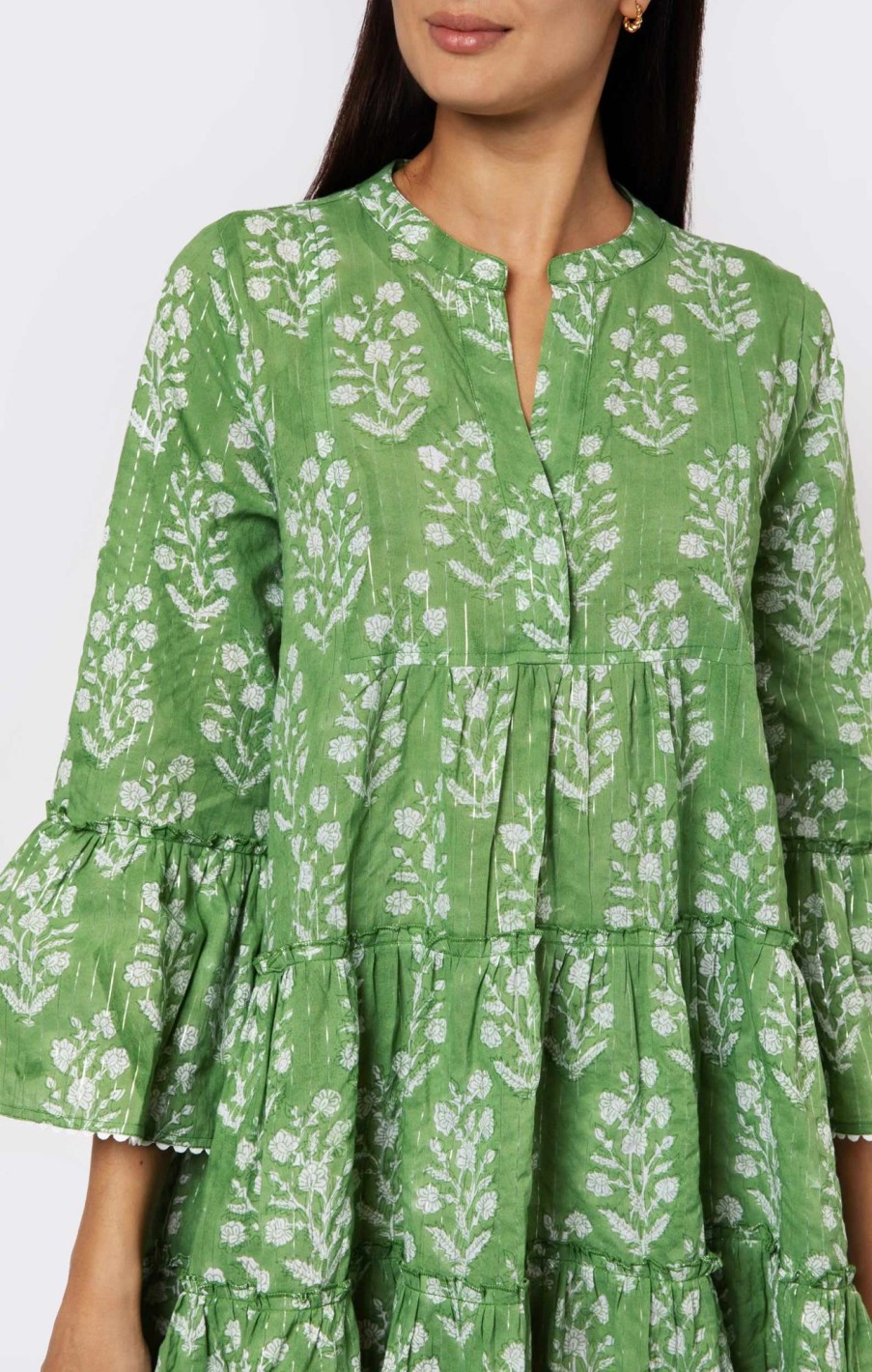 Dresses Juliet Dunn | Flared Sleeve Dress In Small Flower Block Print Olive Green