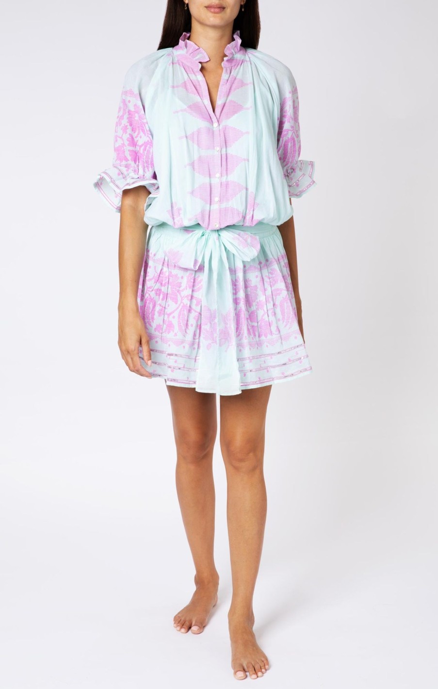 Dresses Juliet Dunn | Aqua And Violet Dhaka Print Blouson Dress Aqua Violet