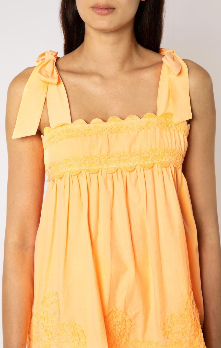 Tops & Shirts Juliet Dunn | Washed Neon Apricot Poplin Baby Doll Top With Tie Shoulders Washed Apricot