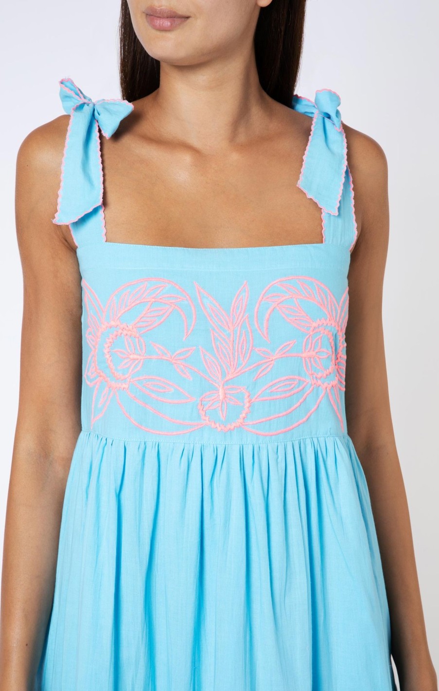 Dresses Juliet Dunn | Contrast Cut Out Sundress In Blue With Pink Embroidery Blueneon Pink