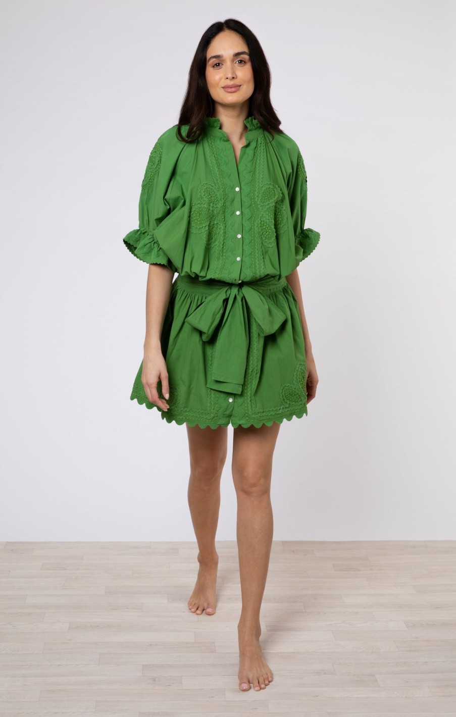 Dresses Juliet Dunn | Poplin Blouson Dress With Ric Rac Detail In Olive Green