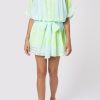 Dresses Juliet Dunn | Blouson Dress In Aqua And Neon Dhaka Print Aqua Neon Yellow