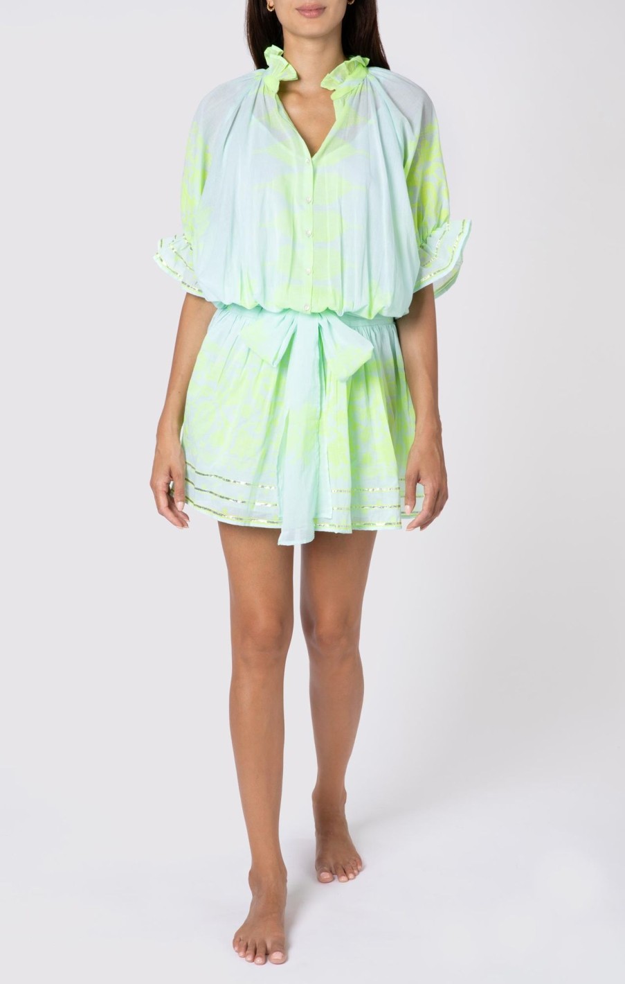 Dresses Juliet Dunn | Blouson Dress In Aqua And Neon Dhaka Print Aqua Neon Yellow