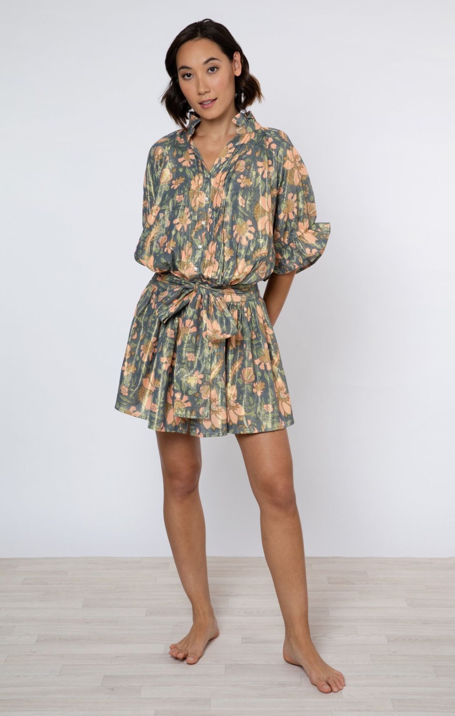 Dresses Juliet Dunn | Navy Lame Blouson Dress With Floral Print Navy Coral