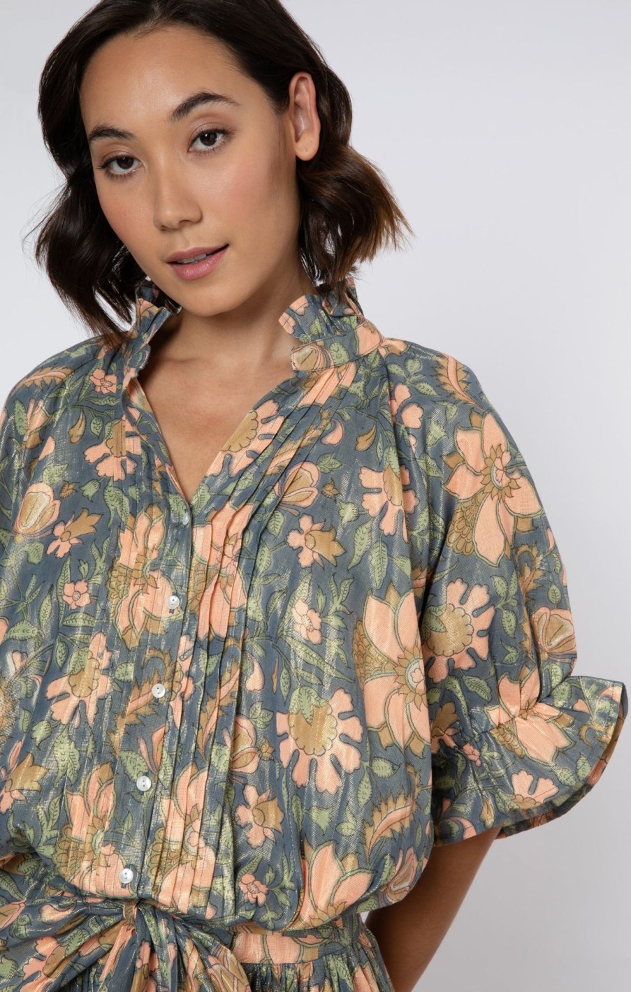 Dresses Juliet Dunn | Navy Lame Blouson Dress With Floral Print Navy Coral