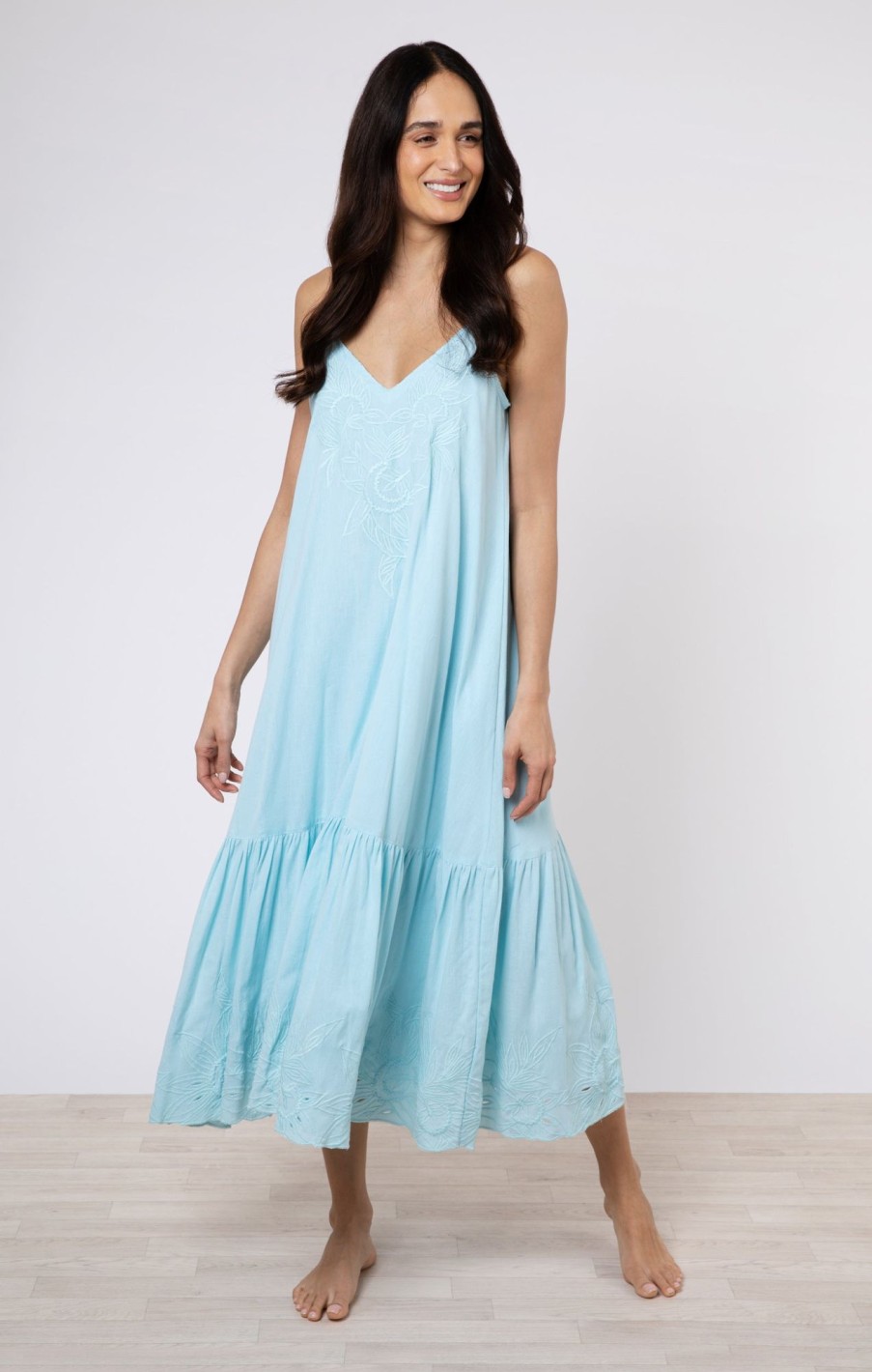 Dresses Juliet Dunn | V Neck Midi Dress With Cut Out Embroidery Turquoise