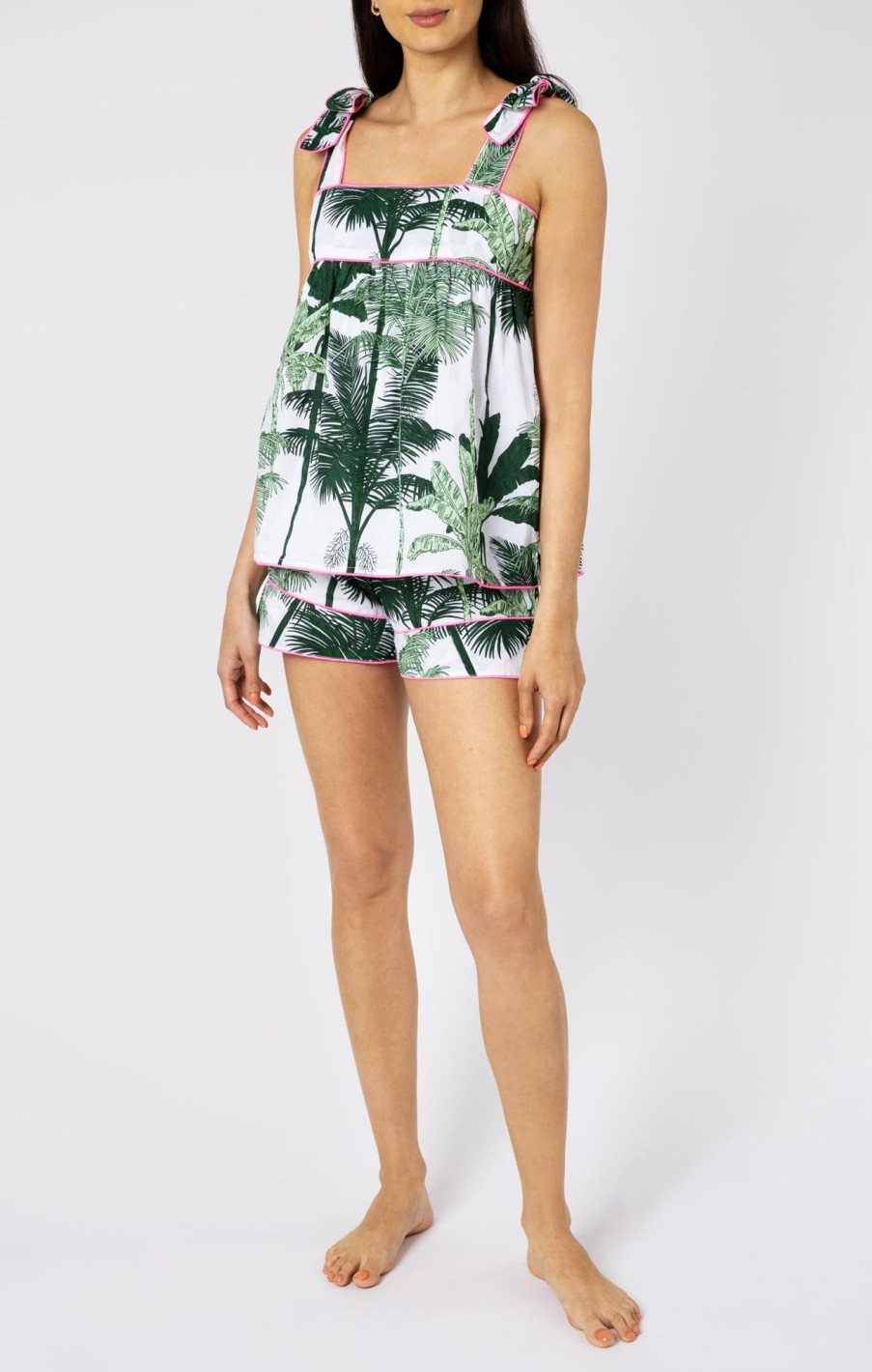 Tops & Shirts Juliet Dunn | Tie Shoulder Baby Doll Top In Green Palm Print Green Neon Pink