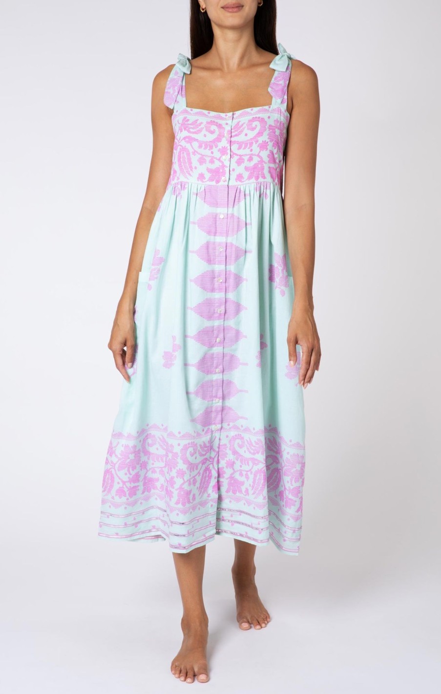 Dresses Juliet Dunn | Aqua Tie Shoulder Dress In Violet Dhaka Print Aqua Violet