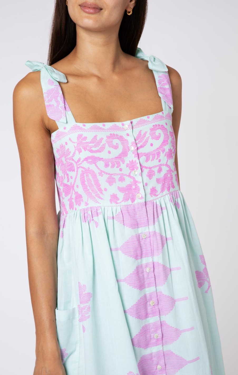 Dresses Juliet Dunn | Aqua Tie Shoulder Dress In Violet Dhaka Print Aqua Violet