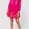 Dresses Juliet Dunn | Contrast Cut Out Long Sleeve Beach Dress In Fuchsia Fuchsia Neon