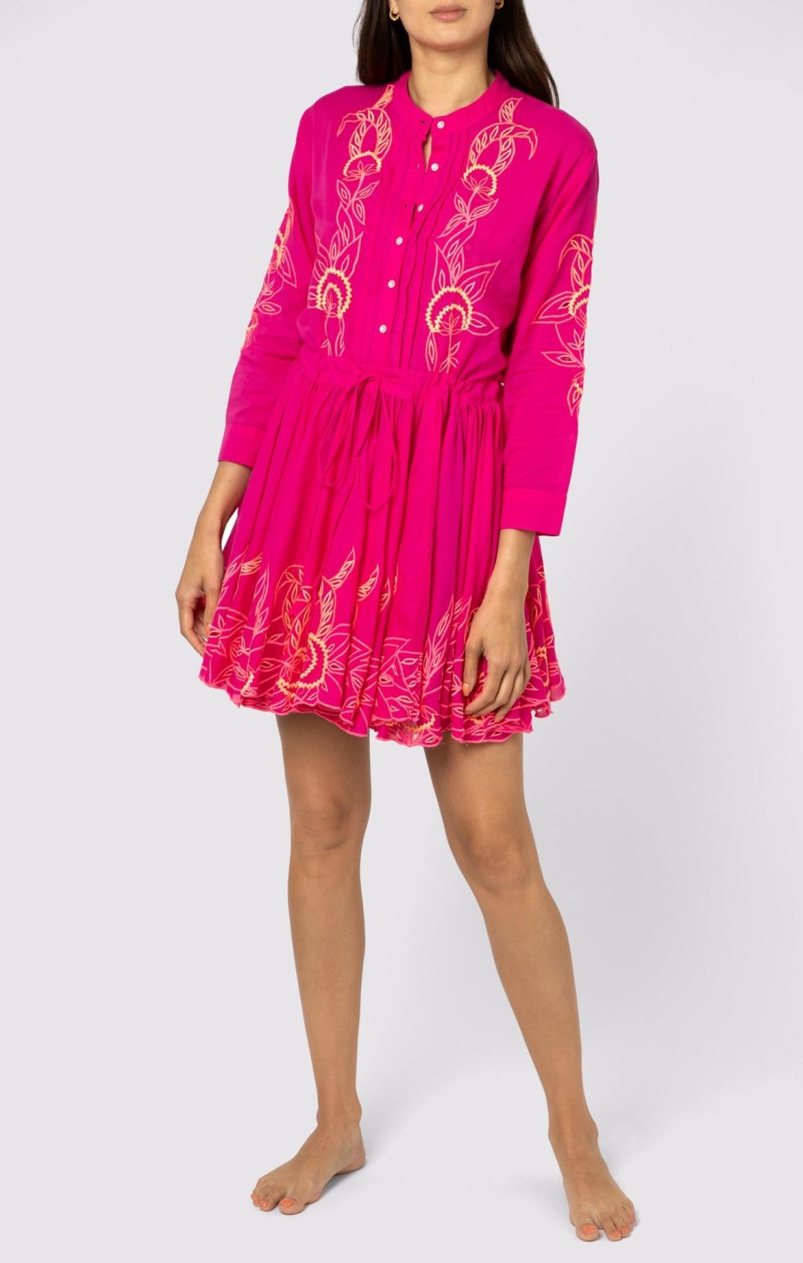 Dresses Juliet Dunn | Contrast Cut Out Long Sleeve Beach Dress In Fuchsia Fuchsia Neon