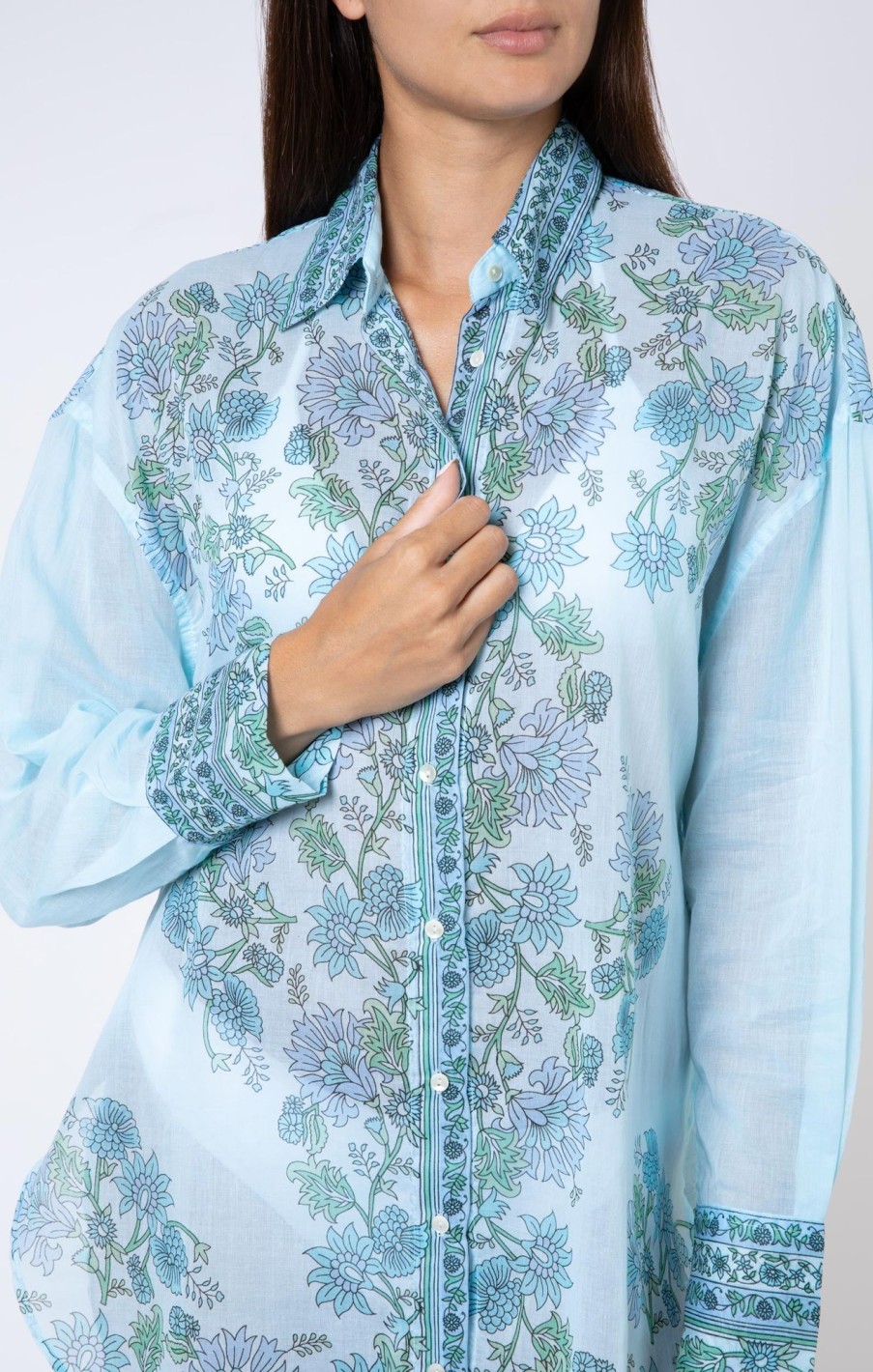 Cover Ups Juliet Dunn | Shirt With Rose Border Print Sky Blue