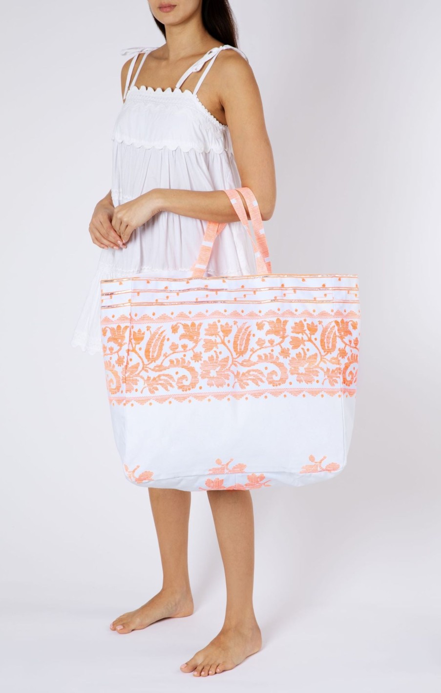 Bags Juliet Dunn | The Beach Tote In Orange Dhaka Print White Neon Orange