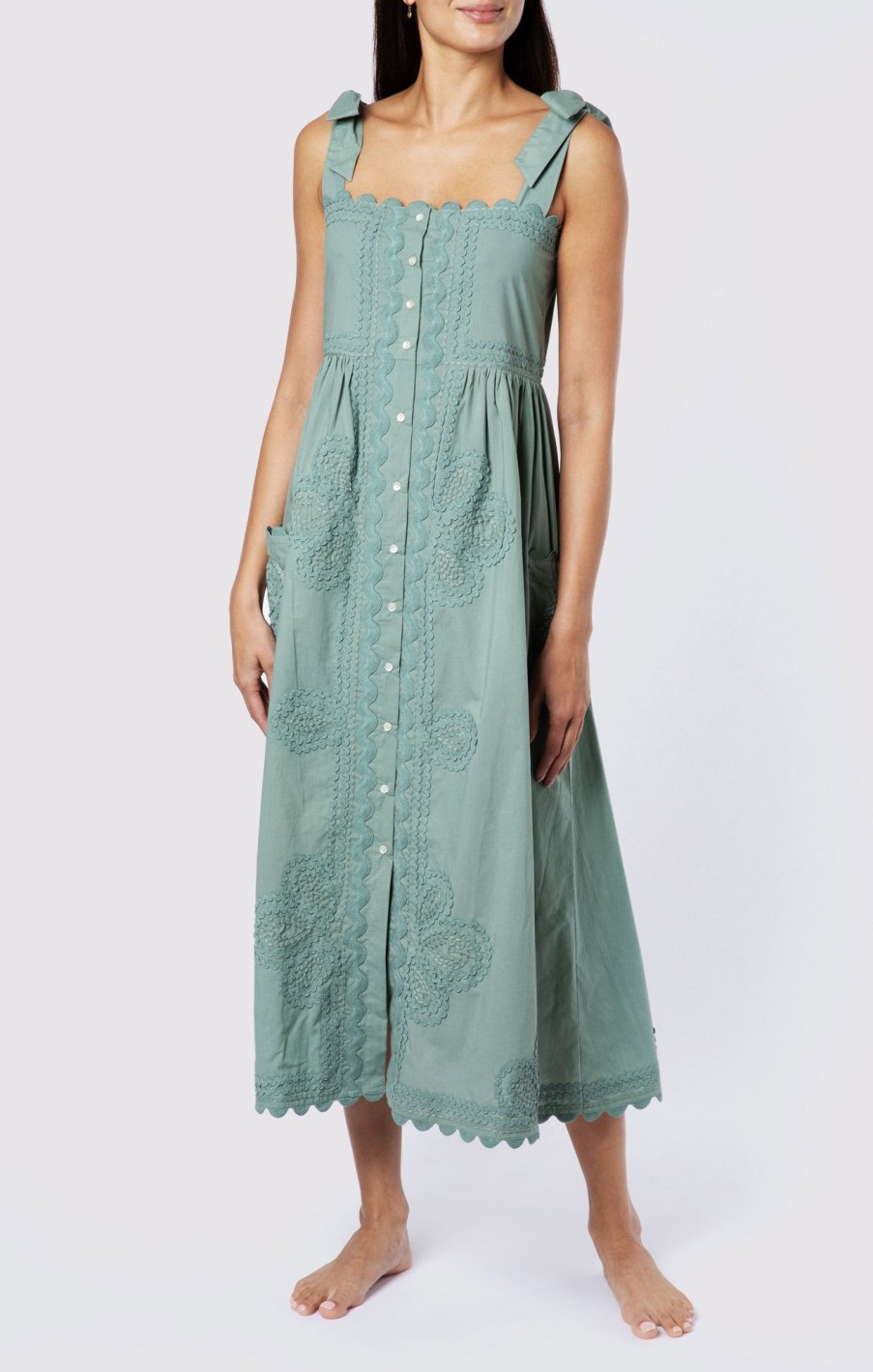 Dresses Juliet Dunn | Poplin Tie Shoulder With Ric Rac Detail In Sage