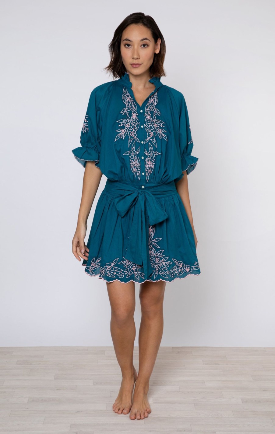 Dresses Juliet Dunn | Blouson Dress In Petrol With Candy Embroidery Petrol Candy